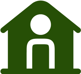 Green icon of a person inside a house shape.