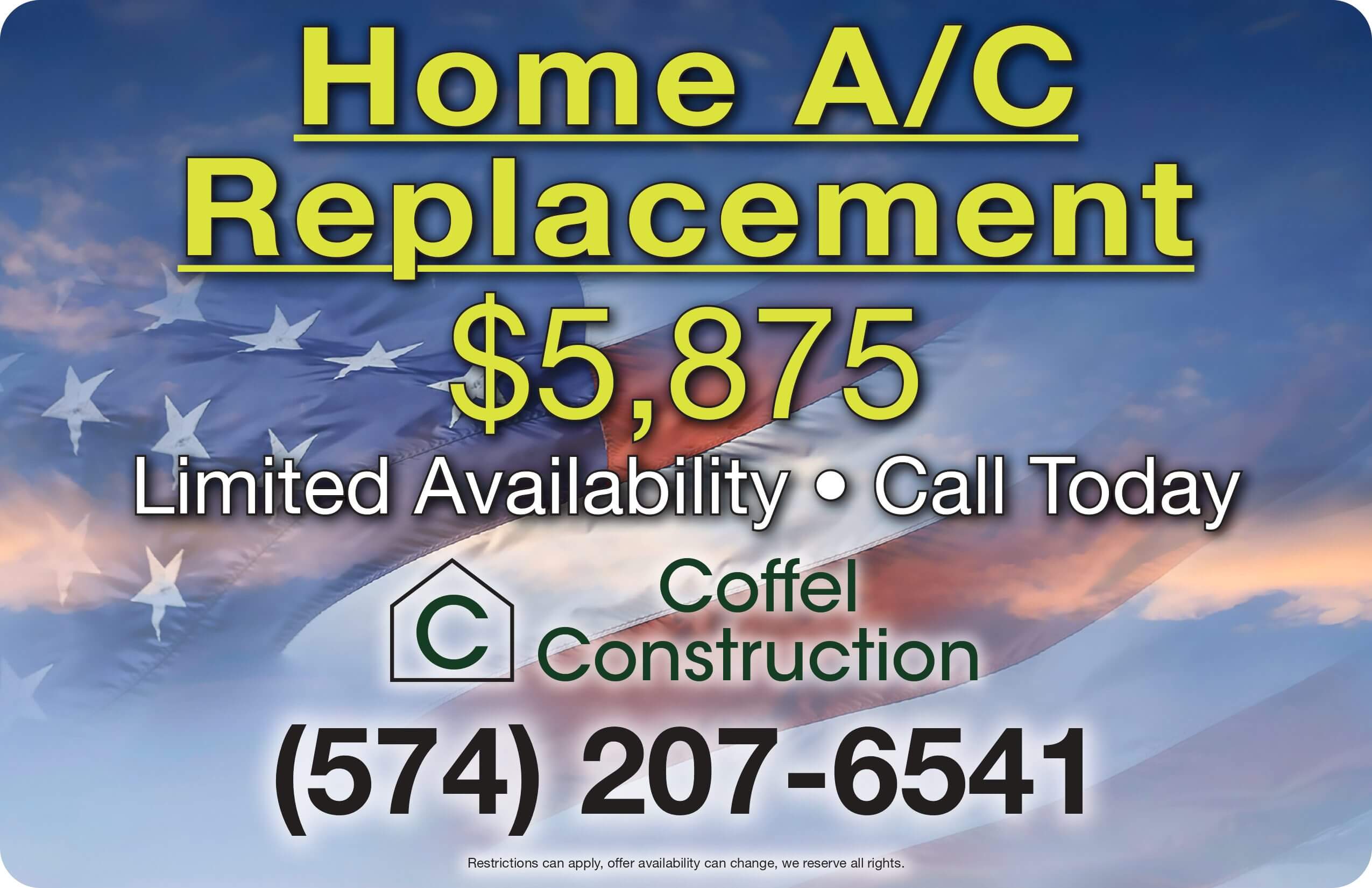 Advertisement for home A/C replacement services with contact info and price.